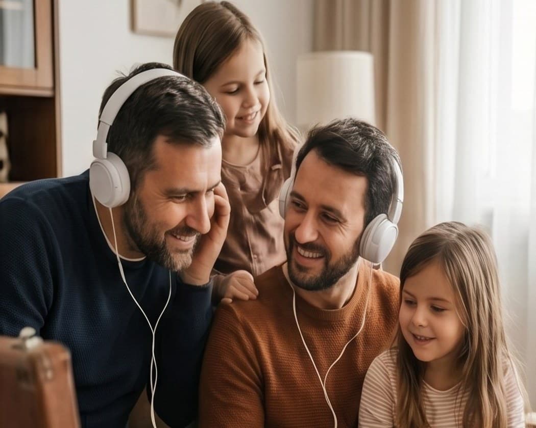 Familie luistert samen naar muziek op een vinyl-platenspeler